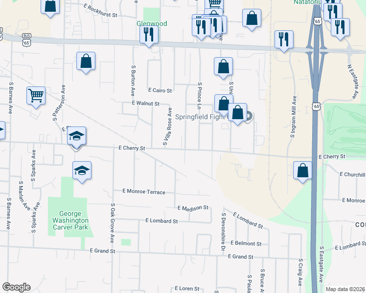 map of restaurants, bars, coffee shops, grocery stores, and more near 550 South Airwood Avenue in Springfield