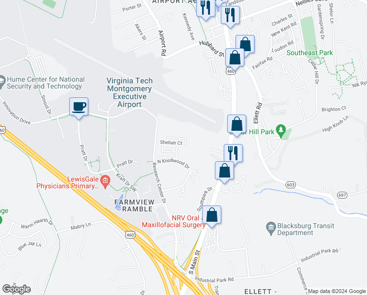 map of restaurants, bars, coffee shops, grocery stores, and more near 250 Sheliah Court in Blacksburg