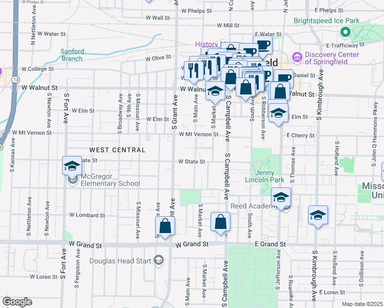 map of restaurants, bars, coffee shops, grocery stores, and more near 642 South Main Avenue in Springfield