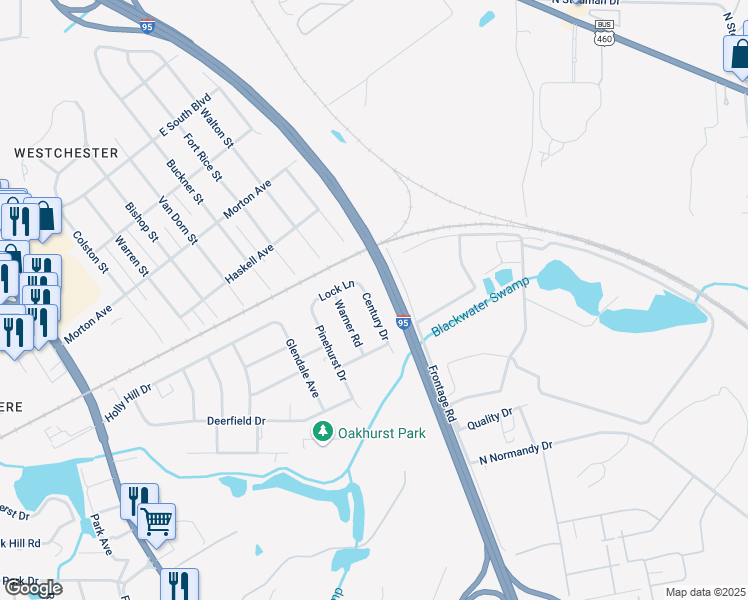 map of restaurants, bars, coffee shops, grocery stores, and more near 2527 Century Drive in Petersburg