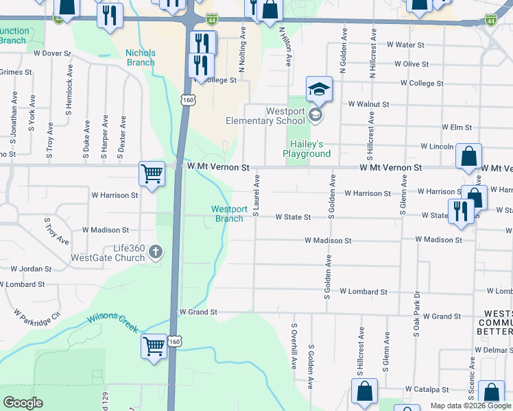 map of restaurants, bars, coffee shops, grocery stores, and more near 658 South Laurel Avenue in Springfield