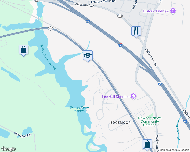 map of restaurants, bars, coffee shops, grocery stores, and more near 117 View Pointe Drive in Newport News