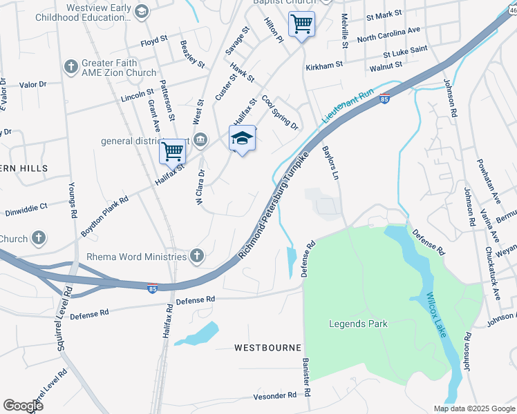map of restaurants, bars, coffee shops, grocery stores, and more near 1748 West Clara Drive in Petersburg