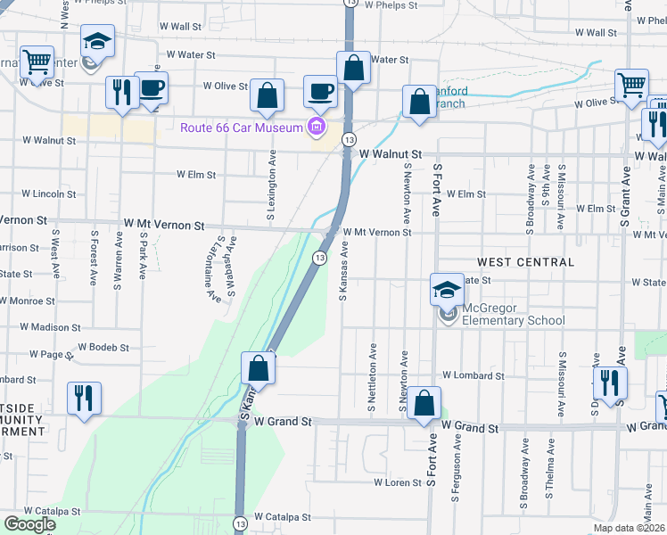 map of restaurants, bars, coffee shops, grocery stores, and more near 651 South Kansas Avenue in Springfield