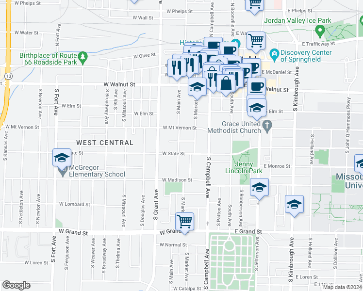 map of restaurants, bars, coffee shops, grocery stores, and more near 642 South Main Avenue in Springfield