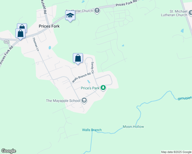 map of restaurants, bars, coffee shops, grocery stores, and more near 1360 Sandy Circle in Blacksburg