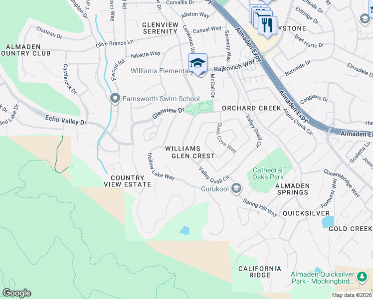 map of restaurants, bars, coffee shops, grocery stores, and more near 1213 Valley Quail Circle in San Jose