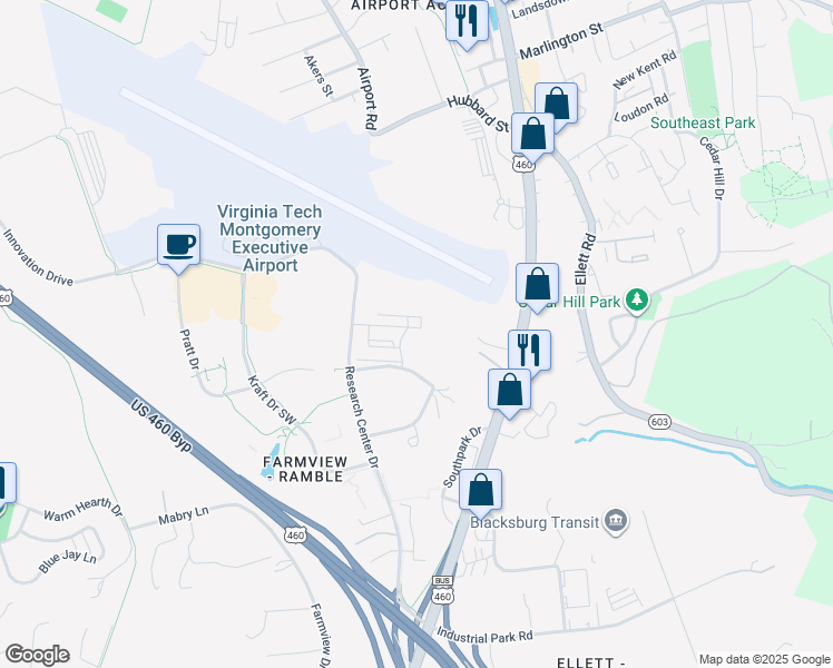 map of restaurants, bars, coffee shops, grocery stores, and more near 260 Sheliah Court in Blacksburg