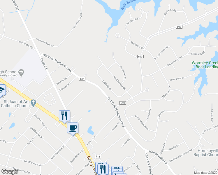 map of restaurants, bars, coffee shops, grocery stores, and more near 120 Loblolly Drive in Yorktown