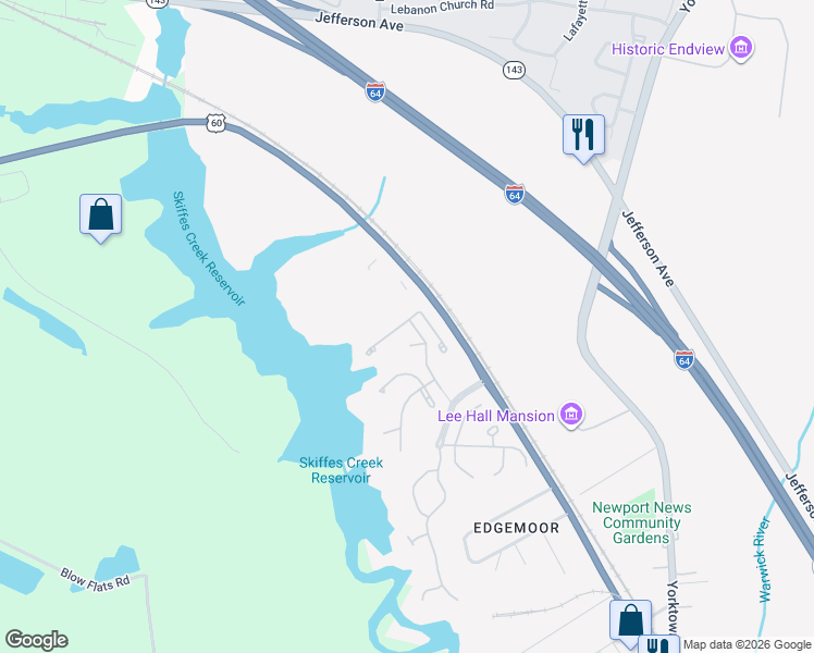 map of restaurants, bars, coffee shops, grocery stores, and more near 117 View Pointe Drive in Newport News