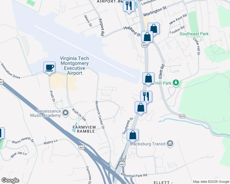 map of restaurants, bars, coffee shops, grocery stores, and more near 260 Sheliah Court in Blacksburg