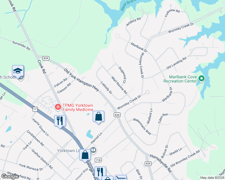 map of restaurants, bars, coffee shops, grocery stores, and more near 200 Marl Ravine Road in Yorktown
