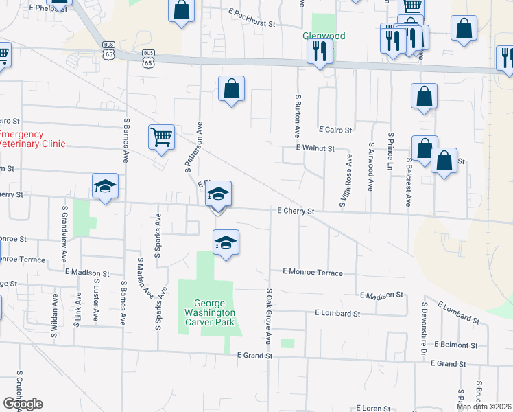 map of restaurants, bars, coffee shops, grocery stores, and more near 2539 East Cherry Street in Springfield