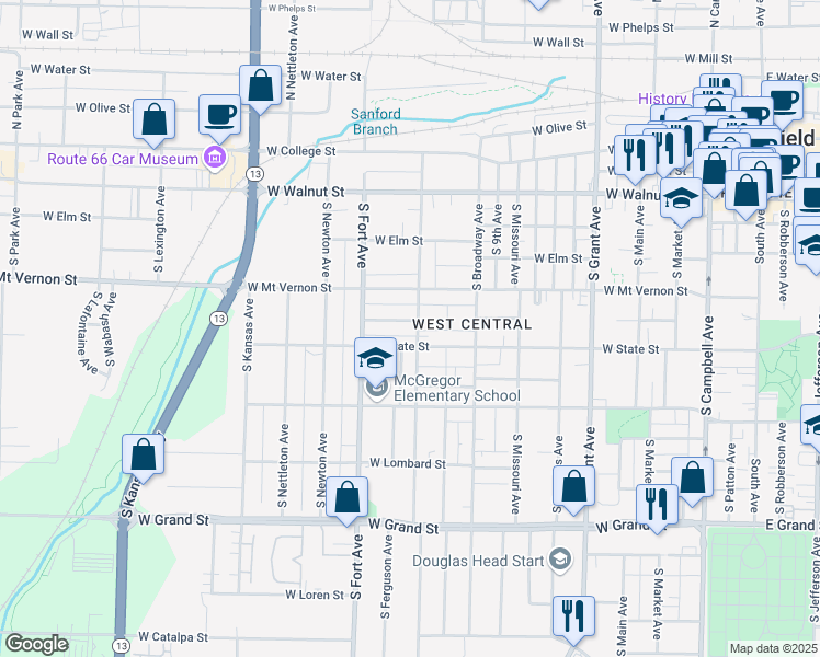 map of restaurants, bars, coffee shops, grocery stores, and more near 643 S New Ave in Springfield