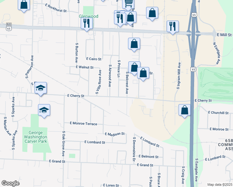 map of restaurants, bars, coffee shops, grocery stores, and more near 549 South Prince Lane in Springfield