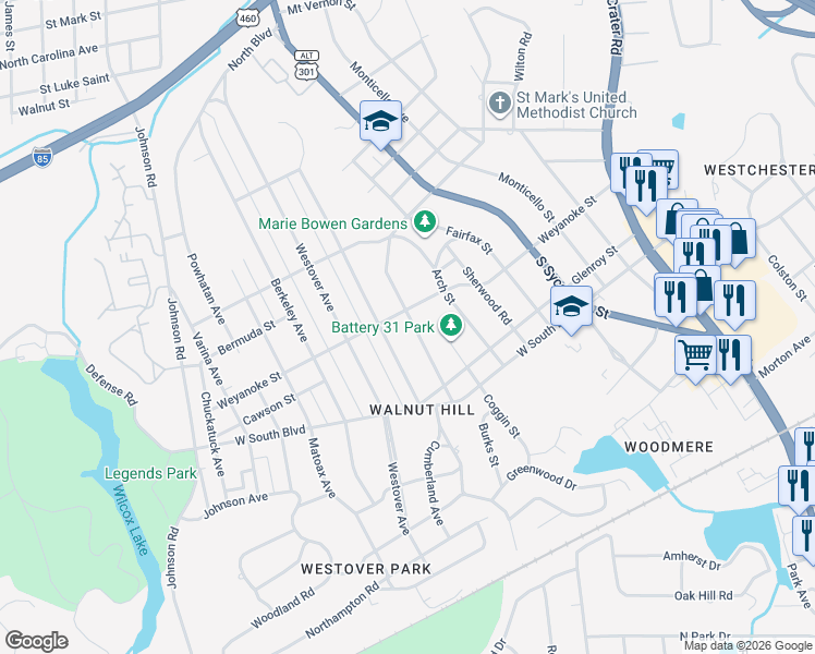 map of restaurants, bars, coffee shops, grocery stores, and more near 1814 East Boulevard in Petersburg