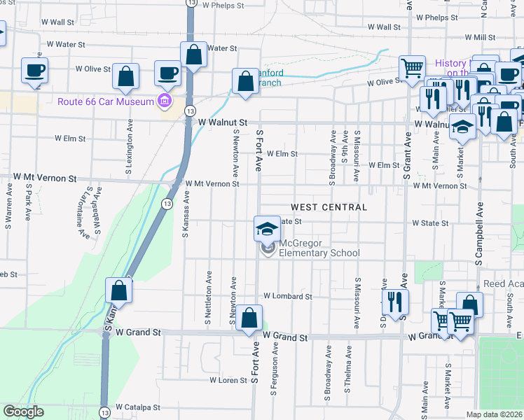 map of restaurants, bars, coffee shops, grocery stores, and more near 1216 West Harrison Street in Springfield