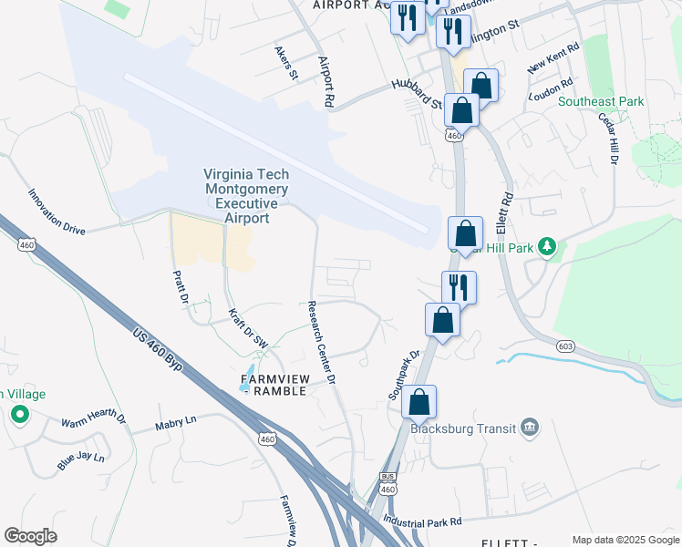 map of restaurants, bars, coffee shops, grocery stores, and more near 2401 Pamela Way in Blacksburg