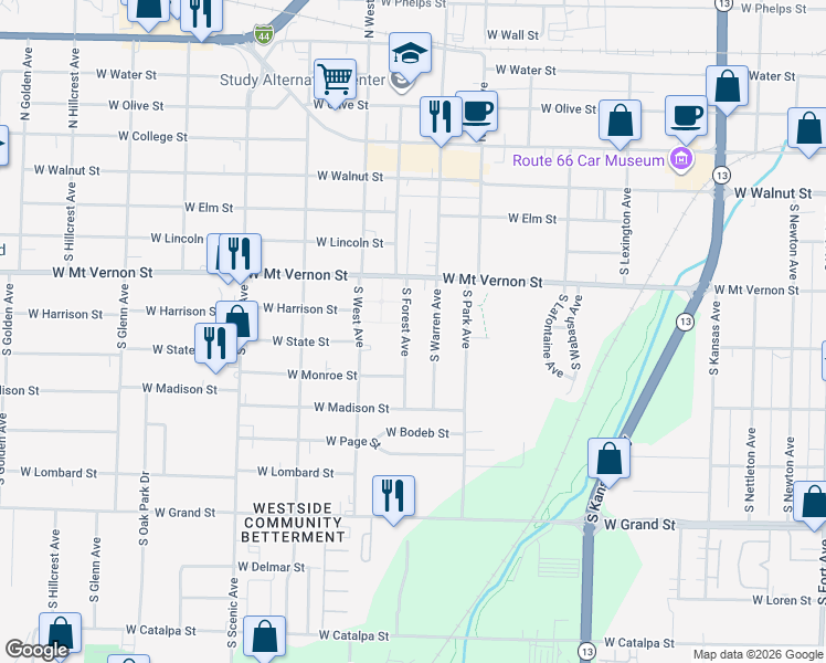 map of restaurants, bars, coffee shops, grocery stores, and more near 660 South Forest Avenue in Springfield