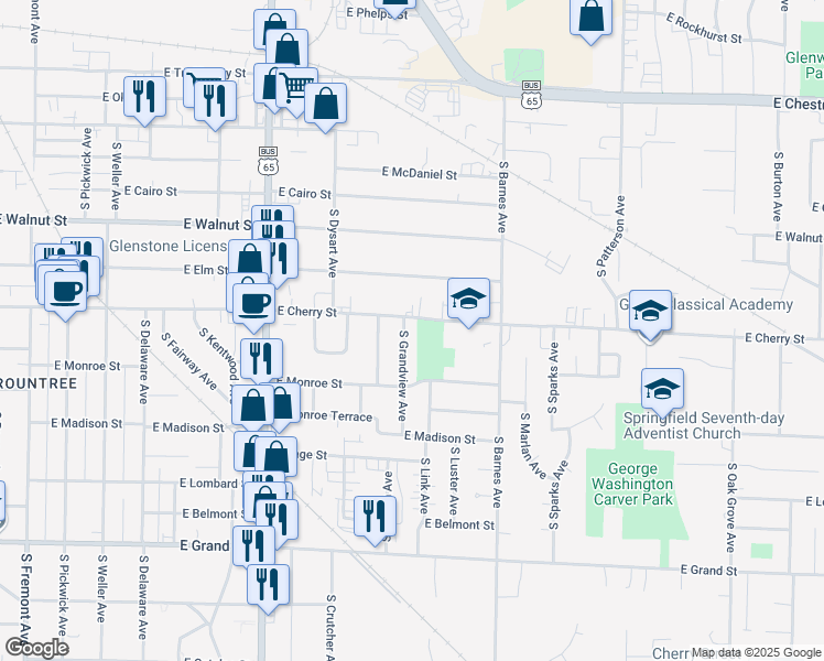 map of restaurants, bars, coffee shops, grocery stores, and more near 614 S Grandview Ave in Springfield