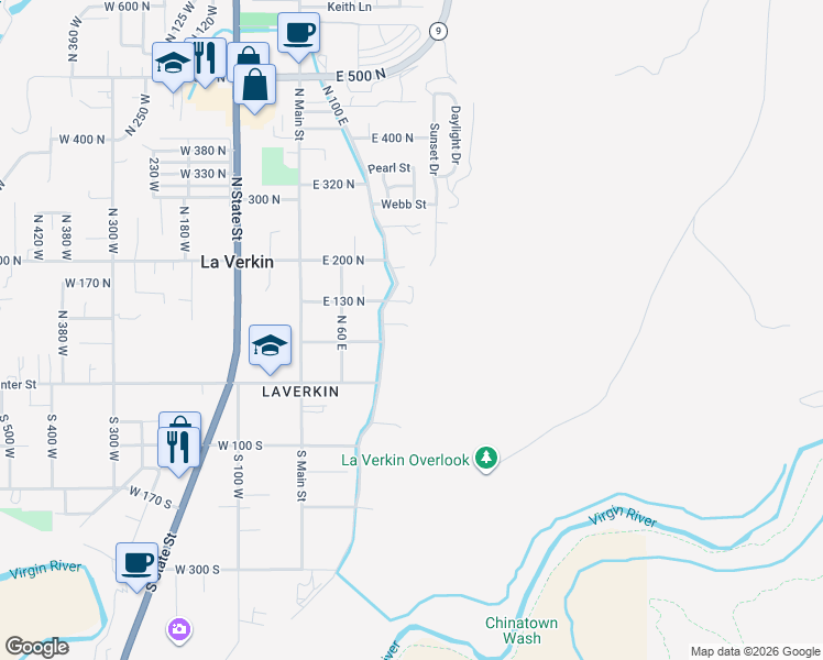 map of restaurants, bars, coffee shops, grocery stores, and more near 178 North 100 East in La Verkin