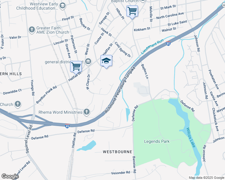 map of restaurants, bars, coffee shops, grocery stores, and more near 1748 West Clara Drive in Petersburg