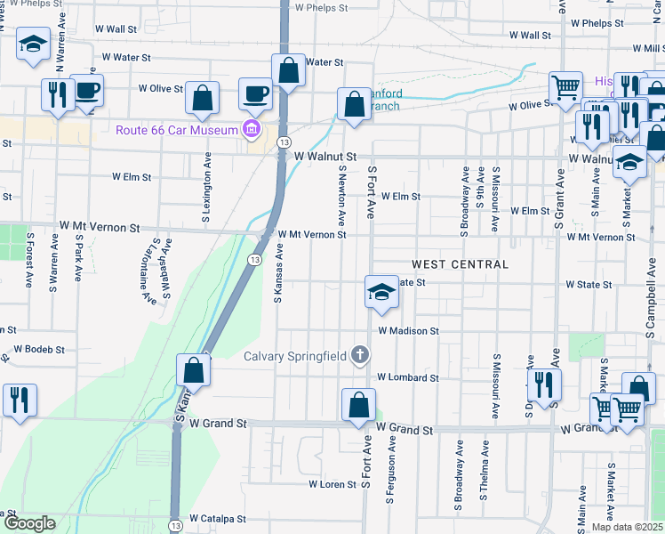 map of restaurants, bars, coffee shops, grocery stores, and more near 628 South Nettleton Avenue in Springfield