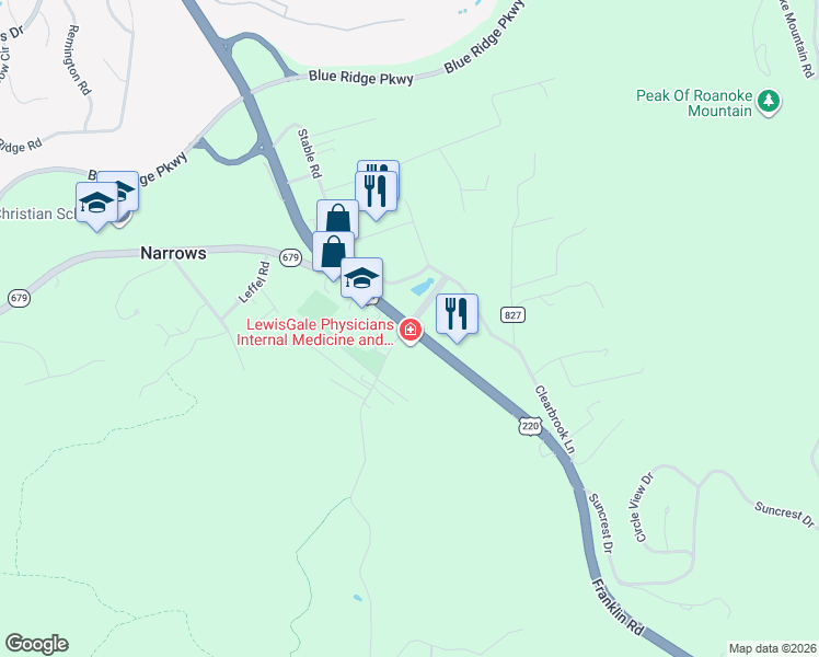 map of restaurants, bars, coffee shops, grocery stores, and more near Franklin Road in Roanoke