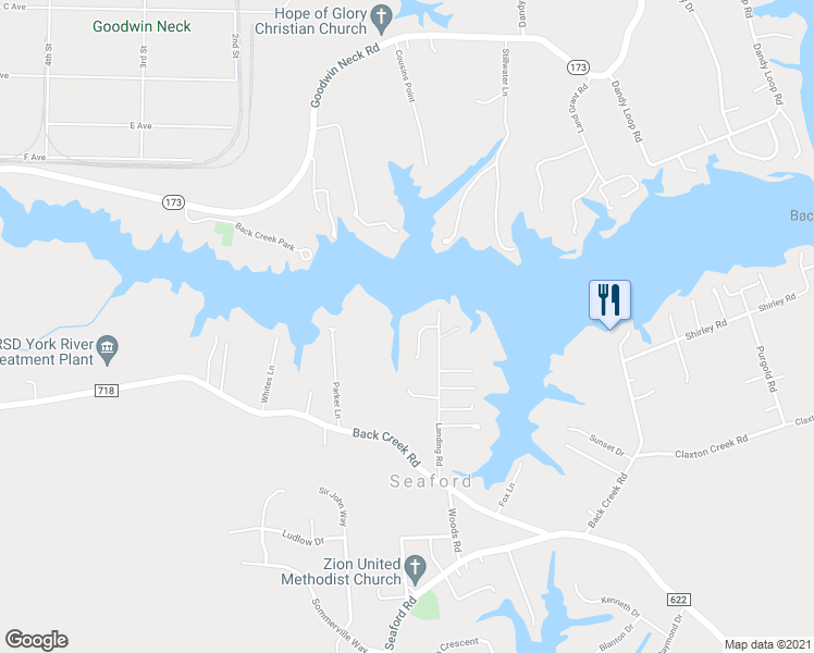 map of restaurants, bars, coffee shops, grocery stores, and more near 106 Harbor Crescent in Seaford