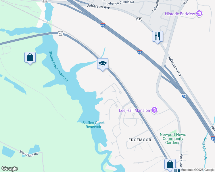 map of restaurants, bars, coffee shops, grocery stores, and more near 117 View Pointe Drive in Newport News