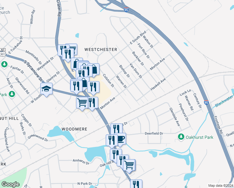 map of restaurants, bars, coffee shops, grocery stores, and more near 2146 Colston Street in Petersburg