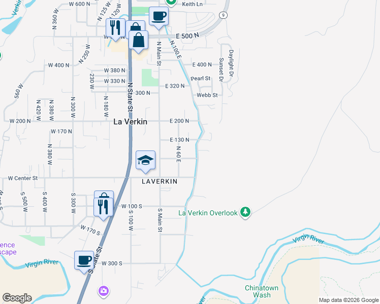 map of restaurants, bars, coffee shops, grocery stores, and more near 70 North 100 East in La Verkin