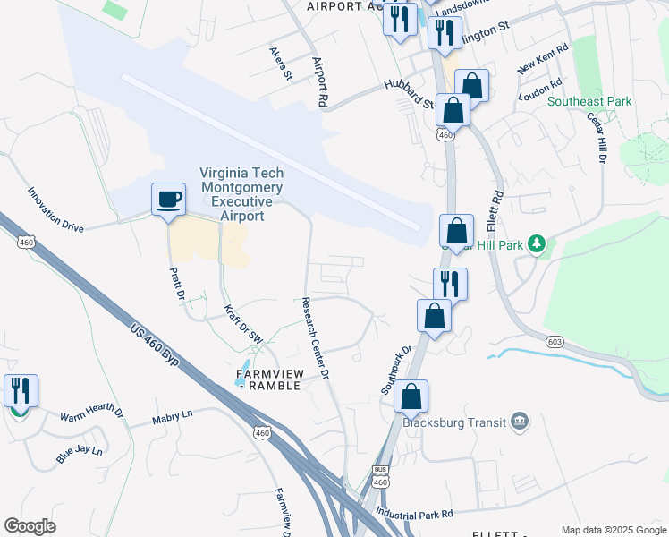 map of restaurants, bars, coffee shops, grocery stores, and more near 2401 Pamela Way in Blacksburg