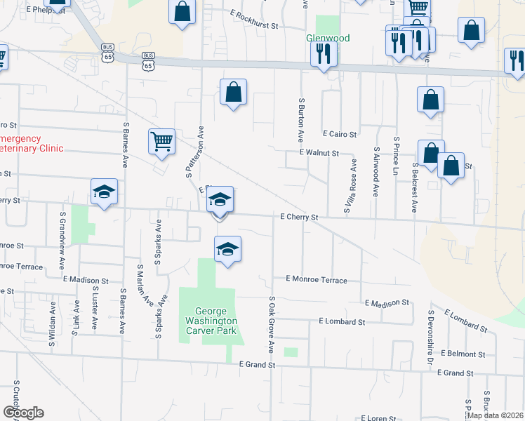map of restaurants, bars, coffee shops, grocery stores, and more near 2539 East Cherry Street in Springfield