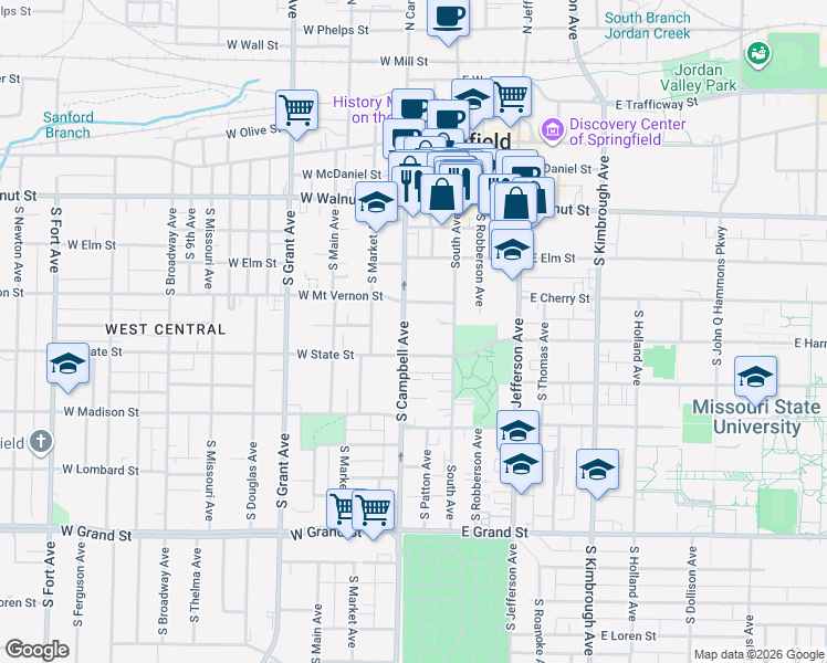 map of restaurants, bars, coffee shops, grocery stores, and more near in Springfield