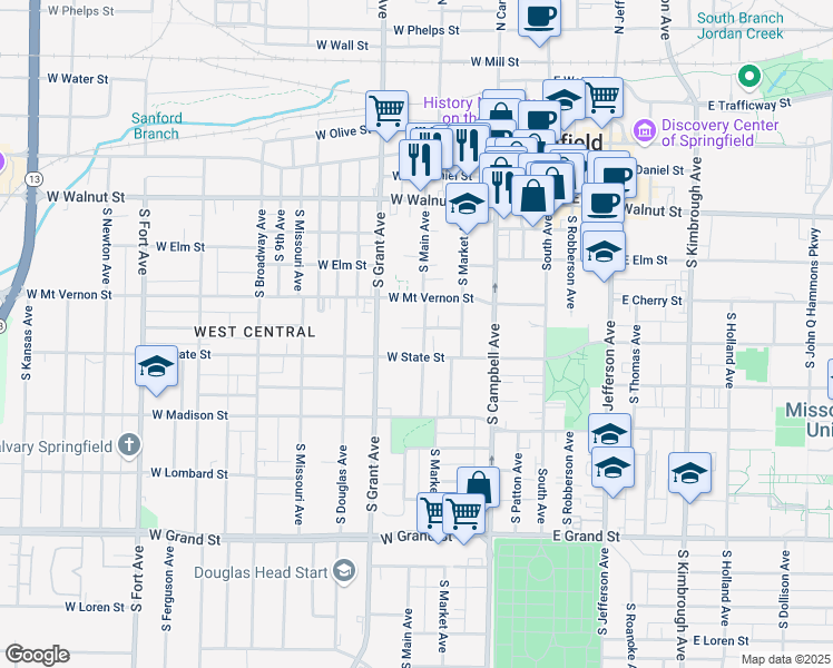 map of restaurants, bars, coffee shops, grocery stores, and more near 642 South Main Avenue in Springfield