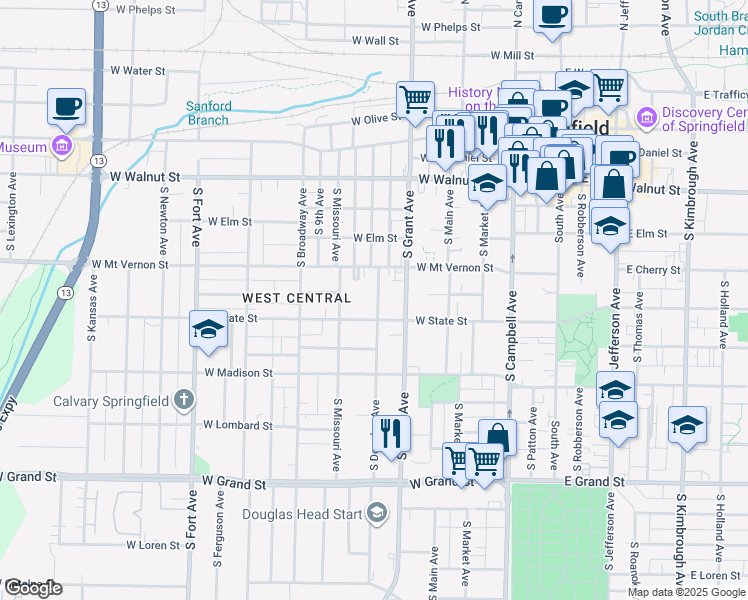 map of restaurants, bars, coffee shops, grocery stores, and more near 636 South Douglas Avenue in Springfield