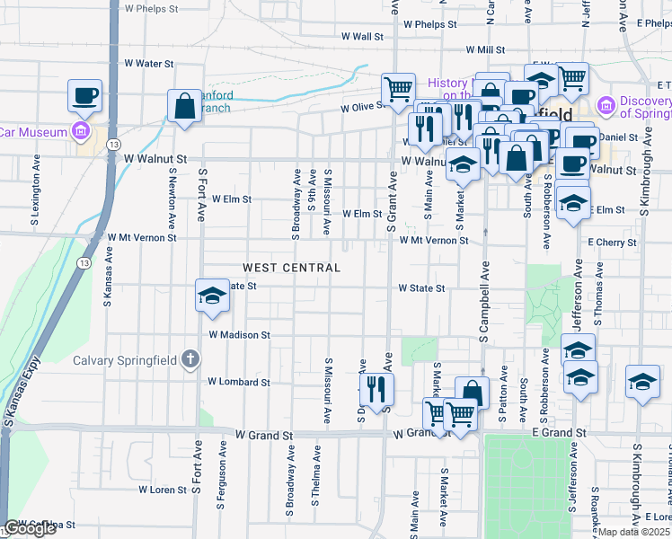 map of restaurants, bars, coffee shops, grocery stores, and more near 646 South Missouri Avenue in Springfield