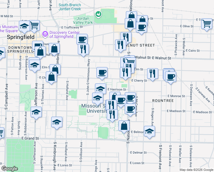 map of restaurants, bars, coffee shops, grocery stores, and more near 1021 East Harrison Street in Springfield