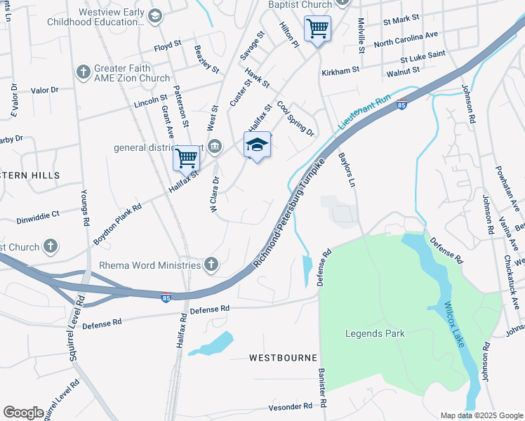 map of restaurants, bars, coffee shops, grocery stores, and more near 1741 West Clara Drive in Petersburg