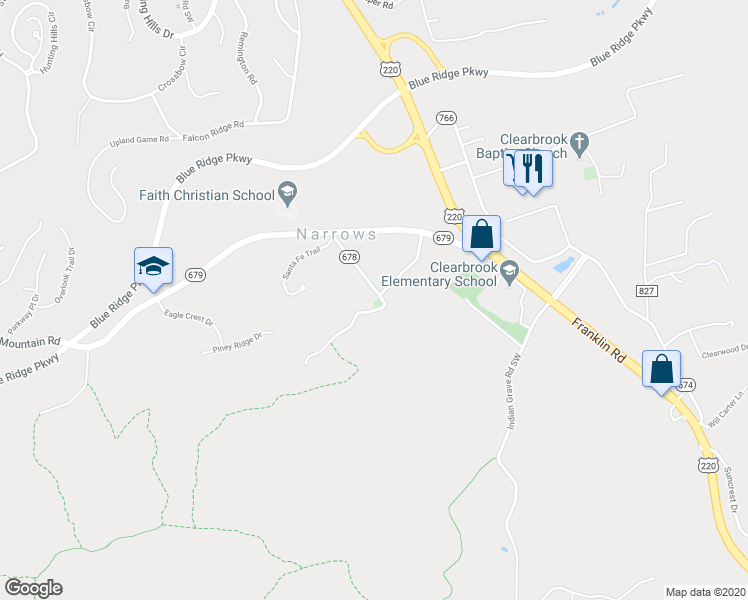 map of restaurants, bars, coffee shops, grocery stores, and more near 3679 Sandlewood Road in Roanoke