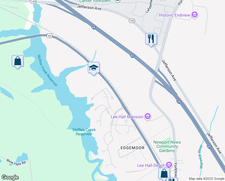 map of restaurants, bars, coffee shops, grocery stores, and more near 17669 Warwick Boulevard in Newport News