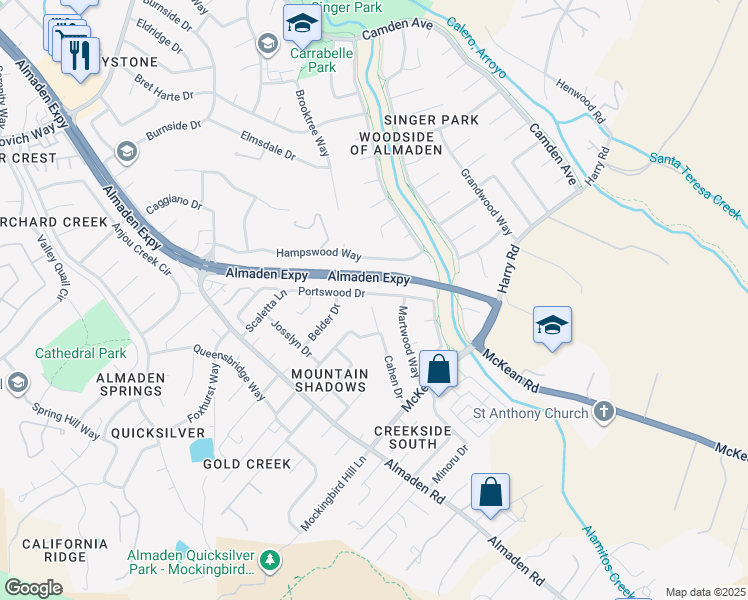 map of restaurants, bars, coffee shops, grocery stores, and more near 7090 Petrus Court in San Jose