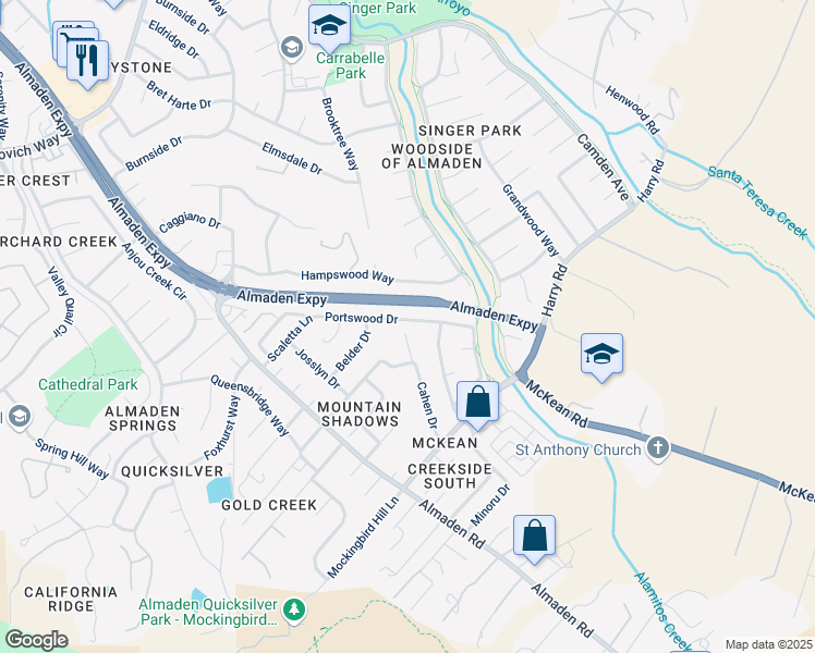 map of restaurants, bars, coffee shops, grocery stores, and more near 7090 Petrus Court in San Jose
