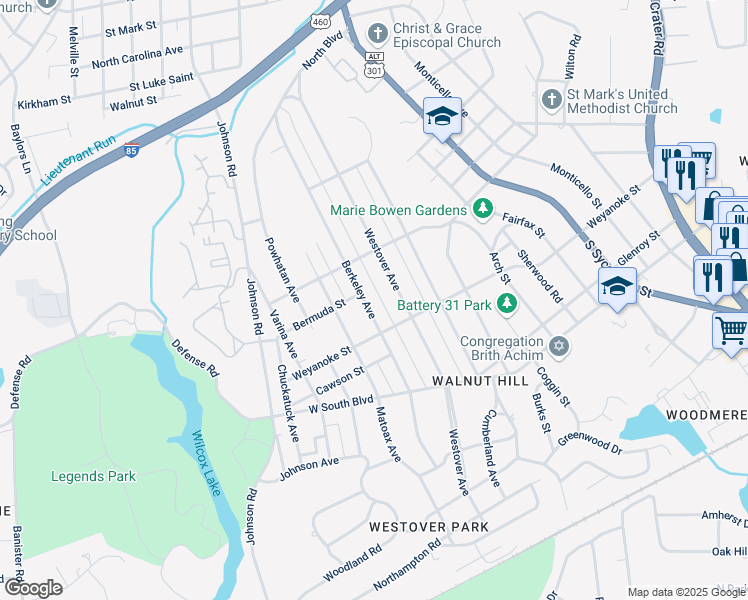 map of restaurants, bars, coffee shops, grocery stores, and more near 1743 Berkeley Avenue in Petersburg