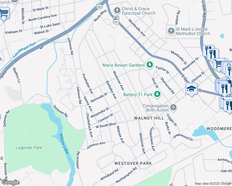 map of restaurants, bars, coffee shops, grocery stores, and more near 1743 Berkeley Avenue in Petersburg