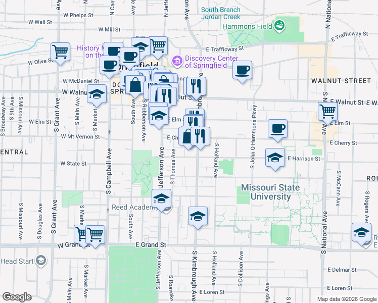 map of restaurants, bars, coffee shops, grocery stores, and more near 517 East Harrison Street in Springfield