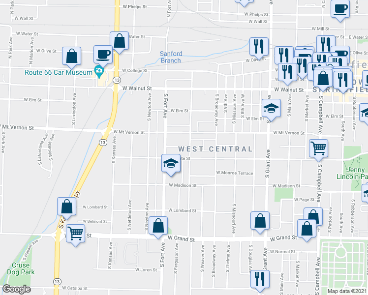 map of restaurants, bars, coffee shops, grocery stores, and more near 1112 West Harrison Street in Springfield