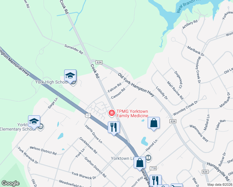map of restaurants, bars, coffee shops, grocery stores, and more near 104 Cannon Road in Yorktown