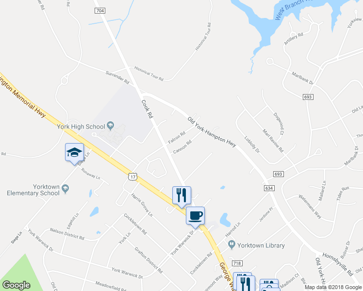 map of restaurants, bars, coffee shops, grocery stores, and more near 104 Cannon Road in Yorktown